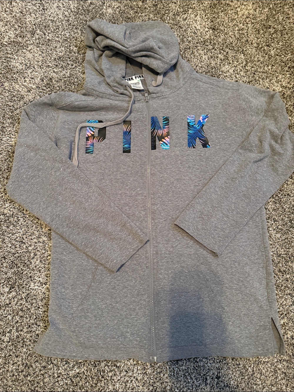PINK Victoria's Secret Gray Zip Hoodie with Tropical Print Logo